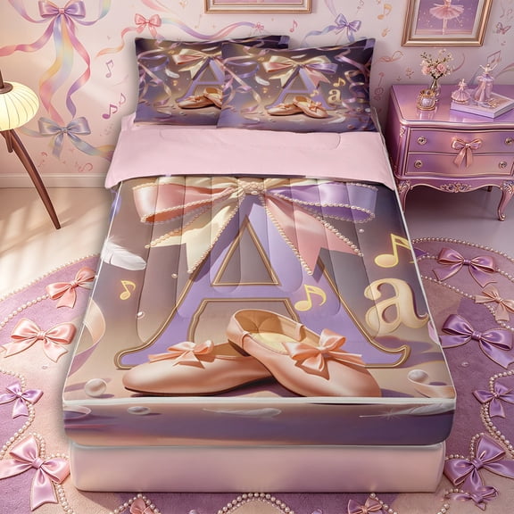 Castle Fairy Elegant Letter A Zipper Twin Comforter Sets with Fitted Sheet and 2 Pillowcases,Ballet Slipper Design Zipper Bedding Set,Pastel Pink Gold,4-Piece