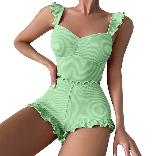 WZXFASHION 2 Ensembles pour Femmes Robe d'Été Sans Manches Haut et Short Ensembles de Pyjama Lingerie de Nuit & Ensembles WomenPajamaSets Vert TTG