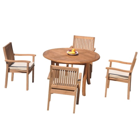 Grade-A Teak Dining Set: 4 Seater 5 Pc: 48" Round Table And 4 Leveb Stacking Arm Chairs Outdoor Patio WholesaleTeak #51LV1005