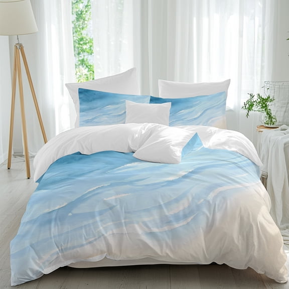 Blue Summer Beach Comforter Set Queen Size, Coastal Nautical Ocean Wave Watercolor Soft Bedding Set for Man Woman, 4 Pieces Duvet Cover Set with Fitted Sheet, 2 Pillowcases