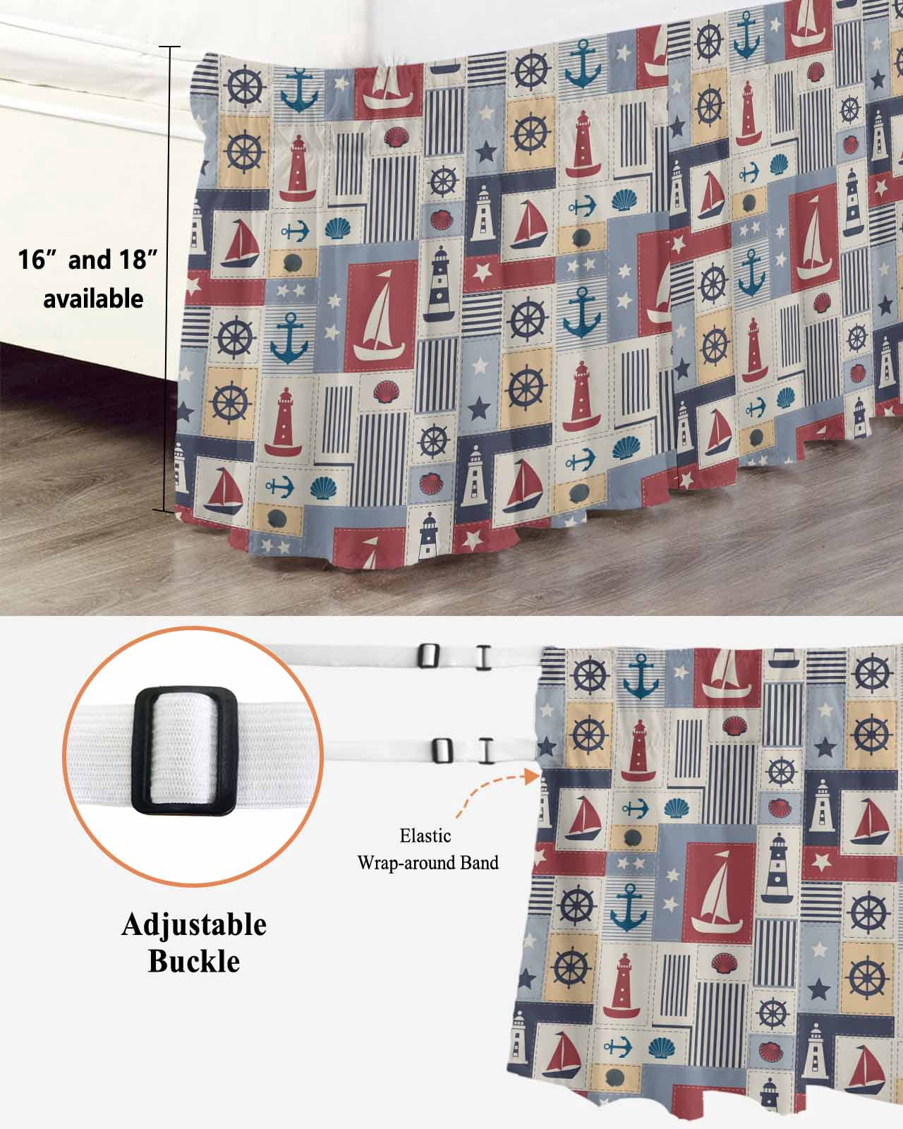Nautical Ship Checked Wrap Around Bed Skirts for Queen Bed 16" Drop,Bed Skirt with Adjustable Elastic Belt Dust Ruffle Bed Valance for Bedroom Hotel Blue Coastal Sailboat Anchor Bed Frame Cover