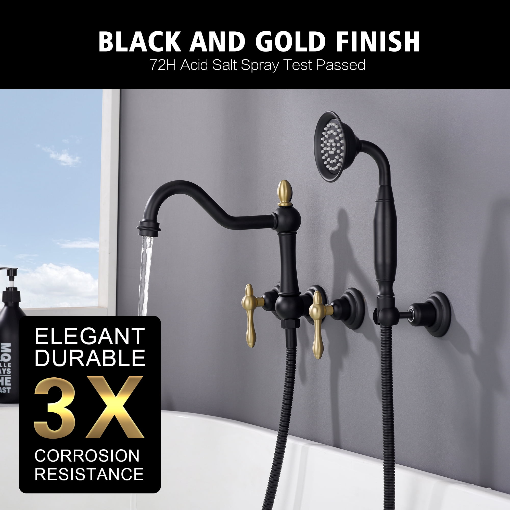 SUMERAIN Wall Mount Tub Faucet with Hand Shower, Vintage High-Flow Bathtub Filler Set Including Rough-in Valve, Black and Gold Finish