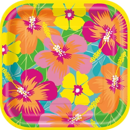 Bright Hibiscus Luau Paper Dessert Plates, 7in, 10ct