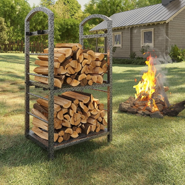 30 Inch Firewood Rack Outdoor Indoor, High Outdoor Wood Racks for Firewood, Fire Wood Storage with Kindling Hooks, Large Metal Fireplace Log Rack Storage Carrier Organizer, Sliver