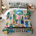 thumbnail image 2 of Castle Fairy Boho Tropical Courtyard Twin Quilt Set 2 Pieces,Geometric Mosaic Motif Twin Coverlet Set,Pink Teal Orange,1 Bedspread and 1 Pillowcase, 2 of 7
