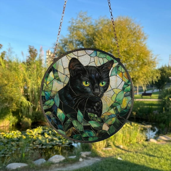 Black Cat in Greenery Stained Glass Style Wall and Window Decoration, Sun Catcher Wall Art, Indoor Decor, Gifts for Women, Window Hanging