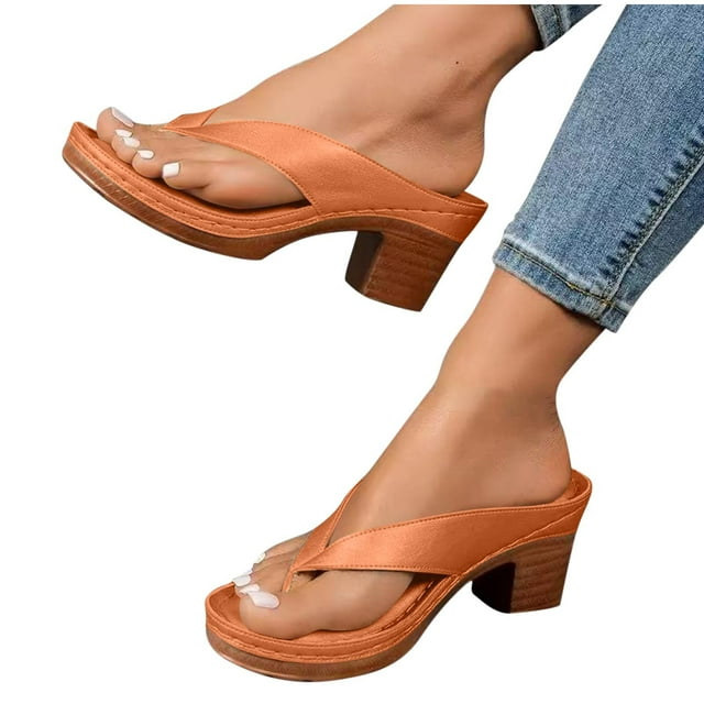 Heel Sandals for Women Flip Flops Slide Block Chunky Heel Soft Sole Beach Summer Backless Pumps Brown