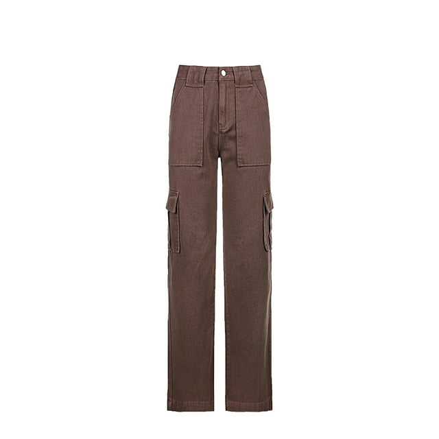 Gupgi Women Straight Jeans Brown Mid Waist Multi Pockets Trousers Denim Pants