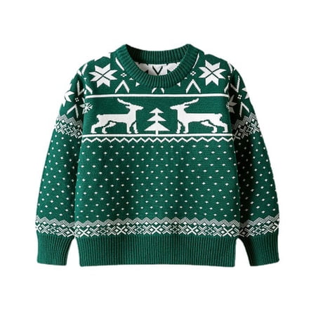 KHONTS Toddler Boy Girl Christmas Sweater Pullover Reindeer Snowman Sweatshirts Winter and Fall Warm Soft Cute Casual Tops Sizes 18M-6Y Dark Green 120