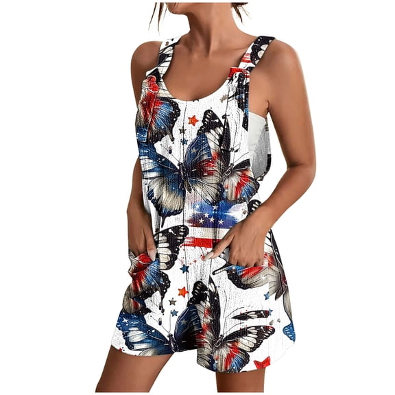 Riecok Rompers for Women Summer Sleeveless American Flag Short One Piece Jumpsuit 4th of July Casual Patriotic Overalls