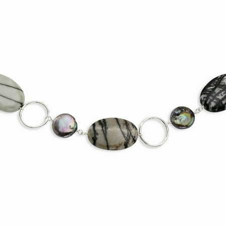 - Sterling Silver 16 Inch Circles/Fresh Water Coin Cultured Pearl & Zebra Jasper Necklace