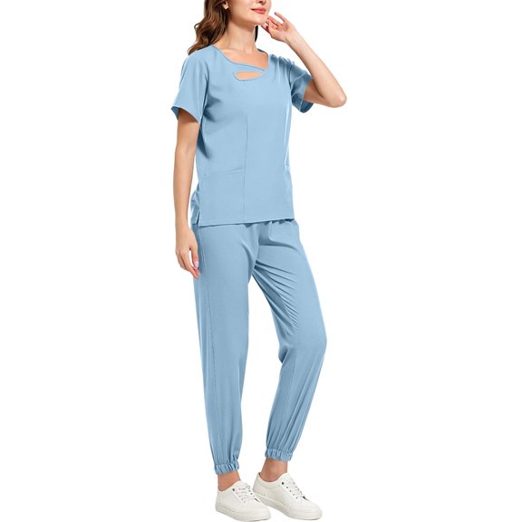 Karymi Womens Summer Tops Solid Scrub Set, Cutout Crew Neck Short Sleeve Top & Elastic Drawstring Waist Jogger Pants with Side Pockets Vacation Outfits for Women