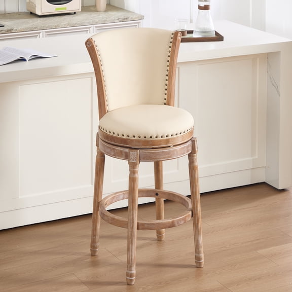 Bar Stool, Genuine Cow Top Leather Swivel Bar Chair with Backrest, Solid Wood Frame, 29.5" Seat Height, Beige Upholstered Counter Height Stool for Kitchen, Dining Room and Home Bar