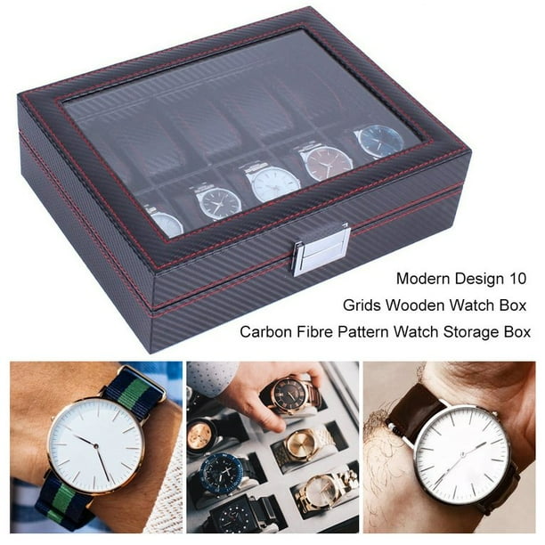 Newest Upgraded Modern Design 10 Grids Wooden Watch Box Carbon Fibre Pattern Watch Storage Box Watch Display Slot Case Box Case black Walmart