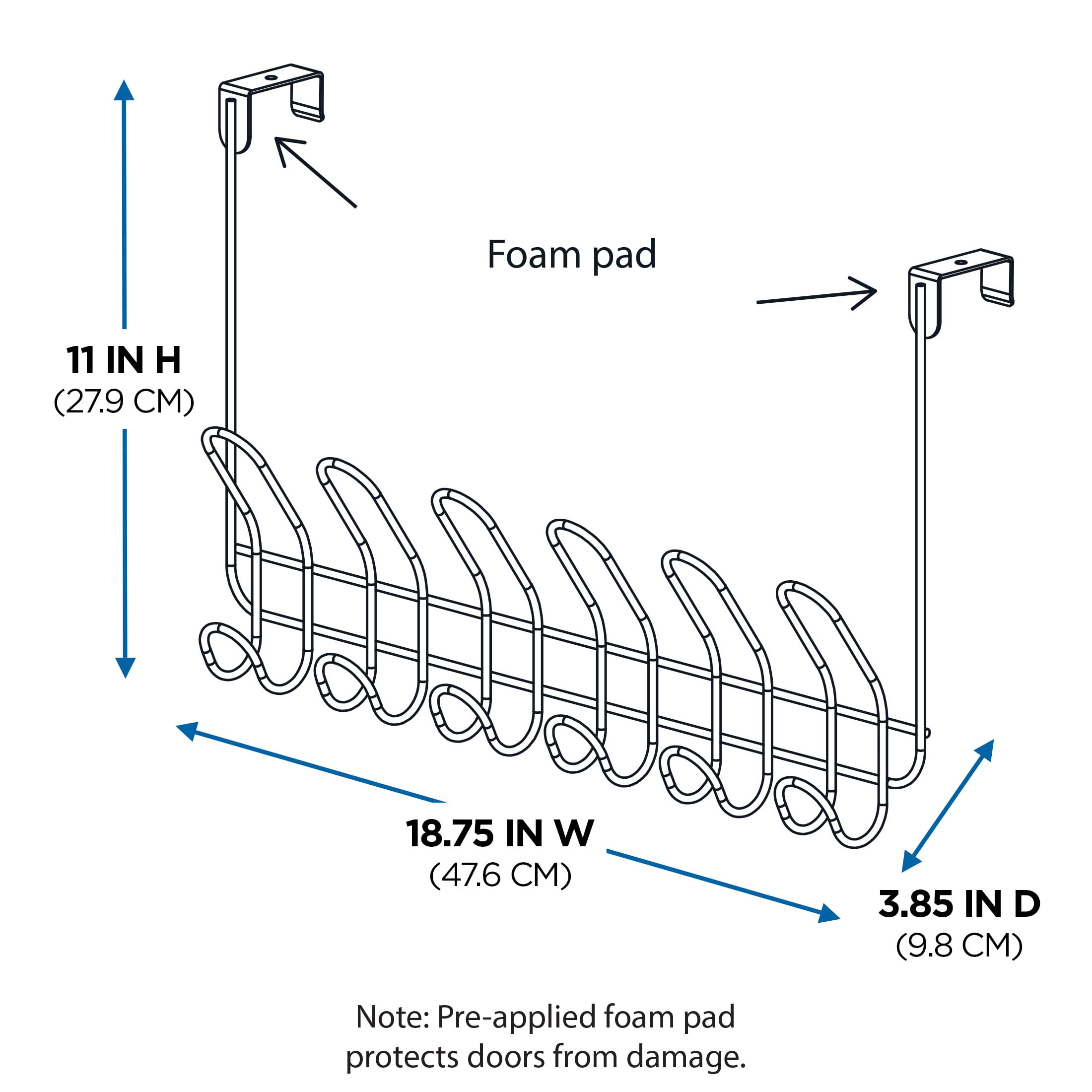 Mainstays Over-the-Door 6-Hook Rack, Hanging Storage for Towels, Robes, No Drilling, Matte Black