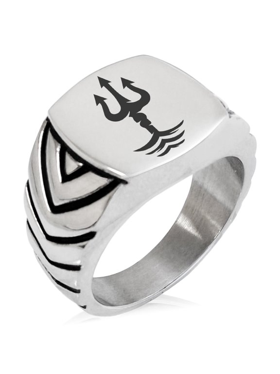 Stainless Steel Poseidon Greek God of Sea Chevron Pattern Biker Style Polished Ring