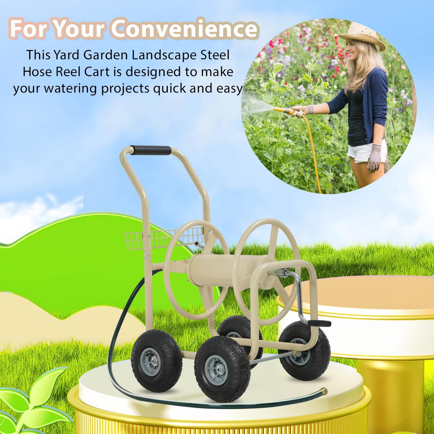 300ft Heavy Duty Hose Reel Cart - Steel Garden Water Hose Storage Cart with 8" Wheels, Foam Grip Handle, Outdoor Yard Hose Reel for Lawn & Garden (Tan)