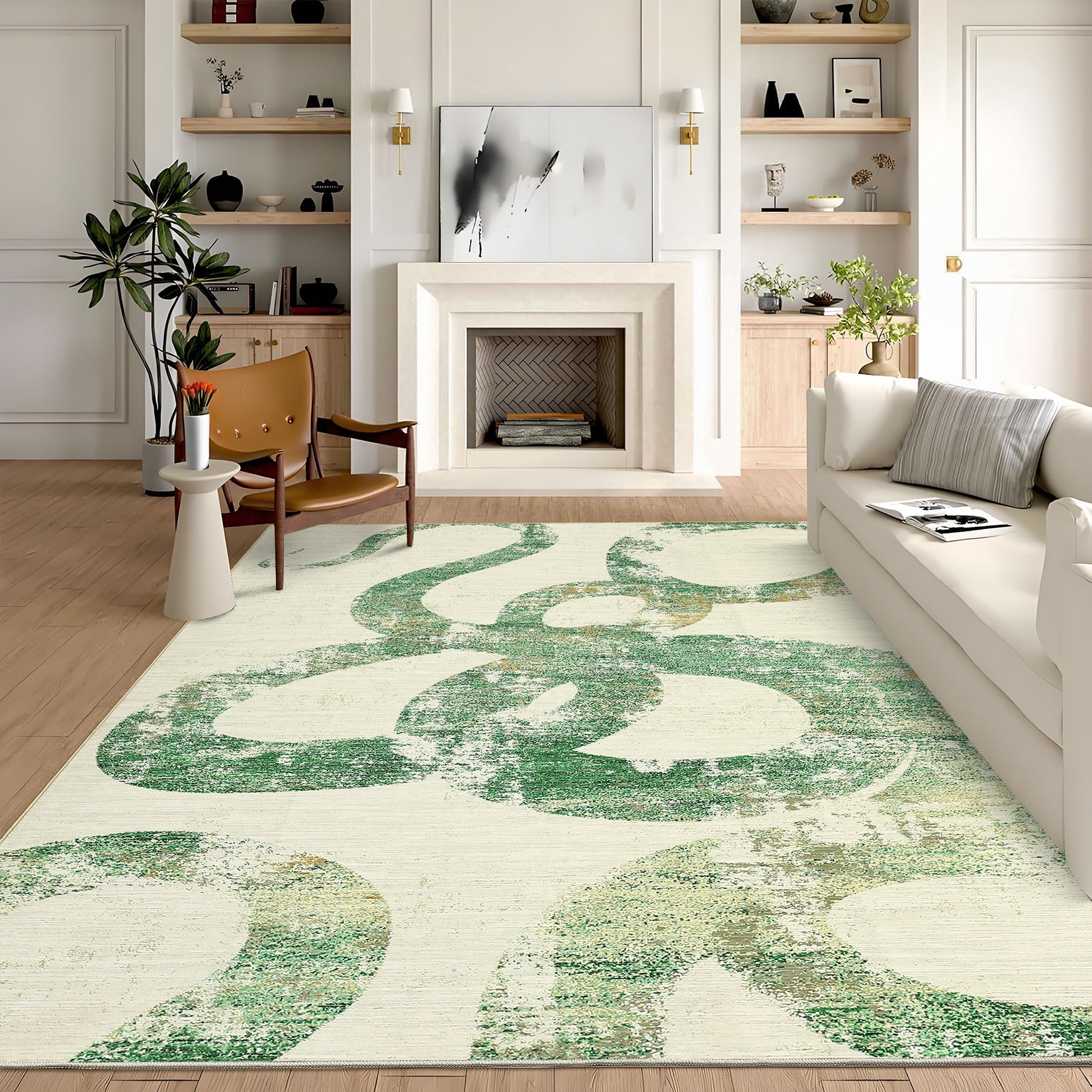 Hasoo 5' x 7' Modern Washable Indoor Rug for Living Room Soft Abstract Geometric Line Area Rug Non Slip Stain Resistant Green Carpet