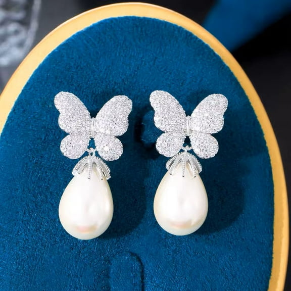 Diamond Pave (lab-created) Butterfly Pearl Earrings