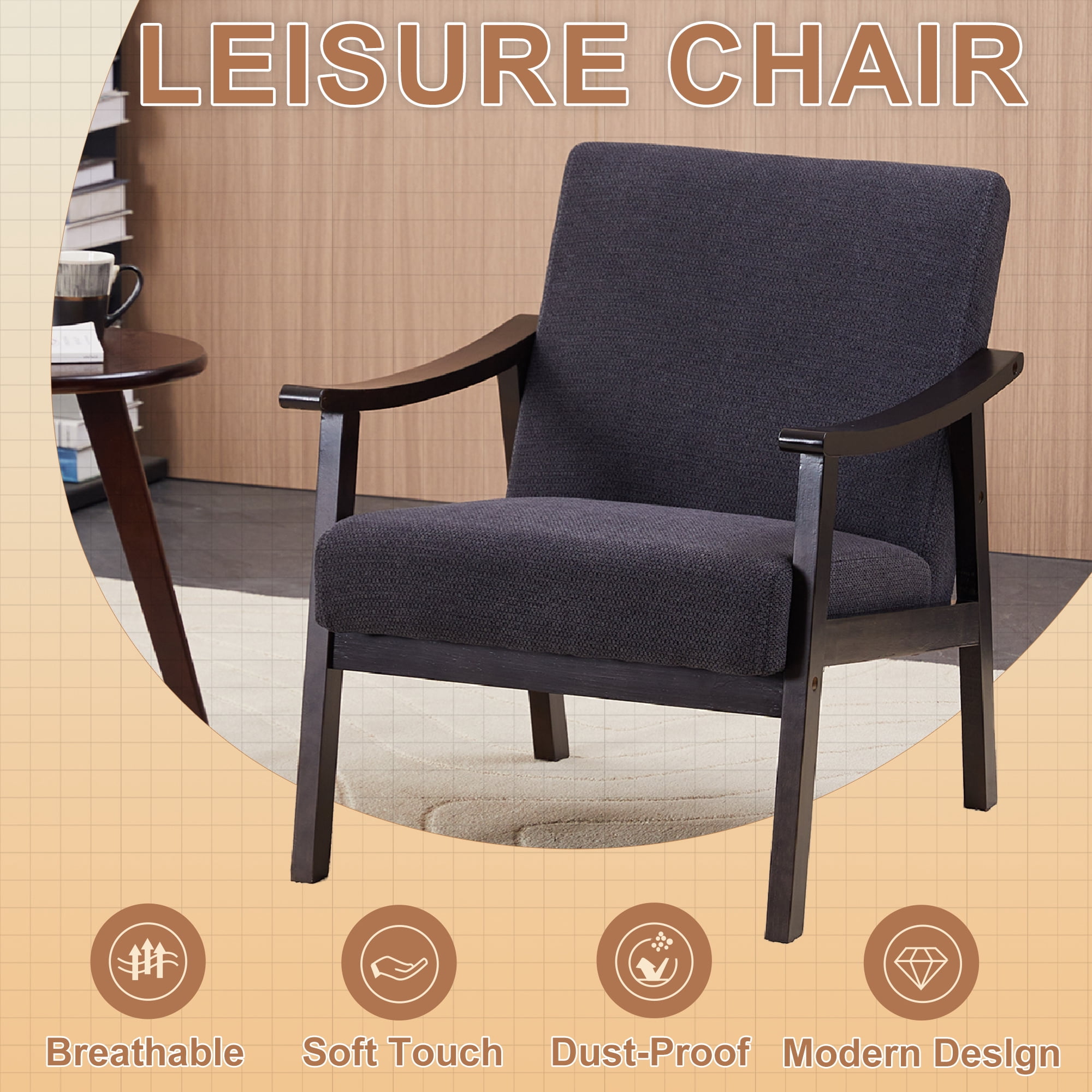 HOQBN Modern Armchair with High Back,Upholstered Living Room Chairs with Solid Wood Legs,Leisure Reading Chair for Living Room, Bedroom,Black