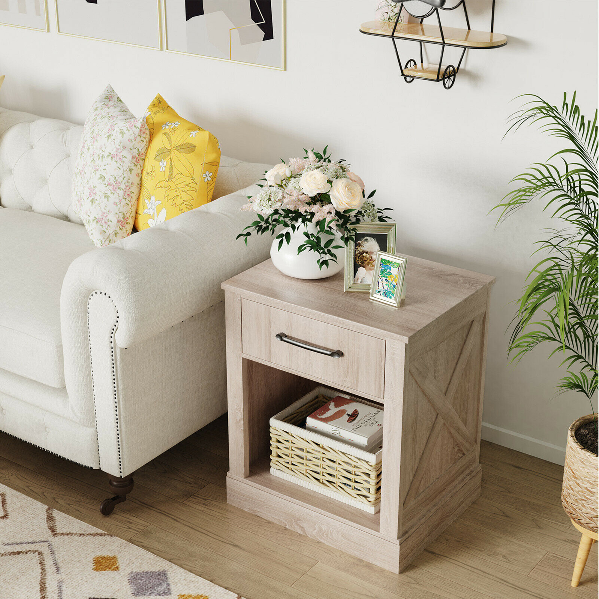 Gymax Nightstand with Drawer and Shelf Rustic Wooden Bedside Table Bedroom Natural