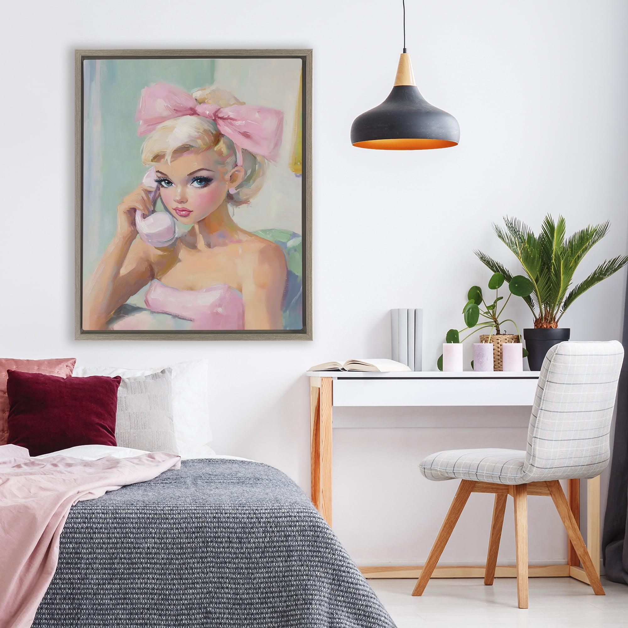 Stupell Industries Blonde Girl with Pink Bow Brown Framed Floater Canvas Wall Art, design by The Prints Vibe