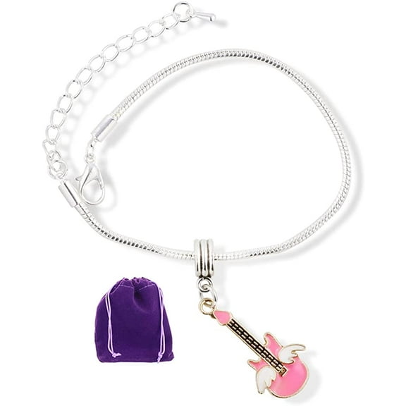 Guitar Pink with White Angel Wings Snake Chain Charm Bracelet