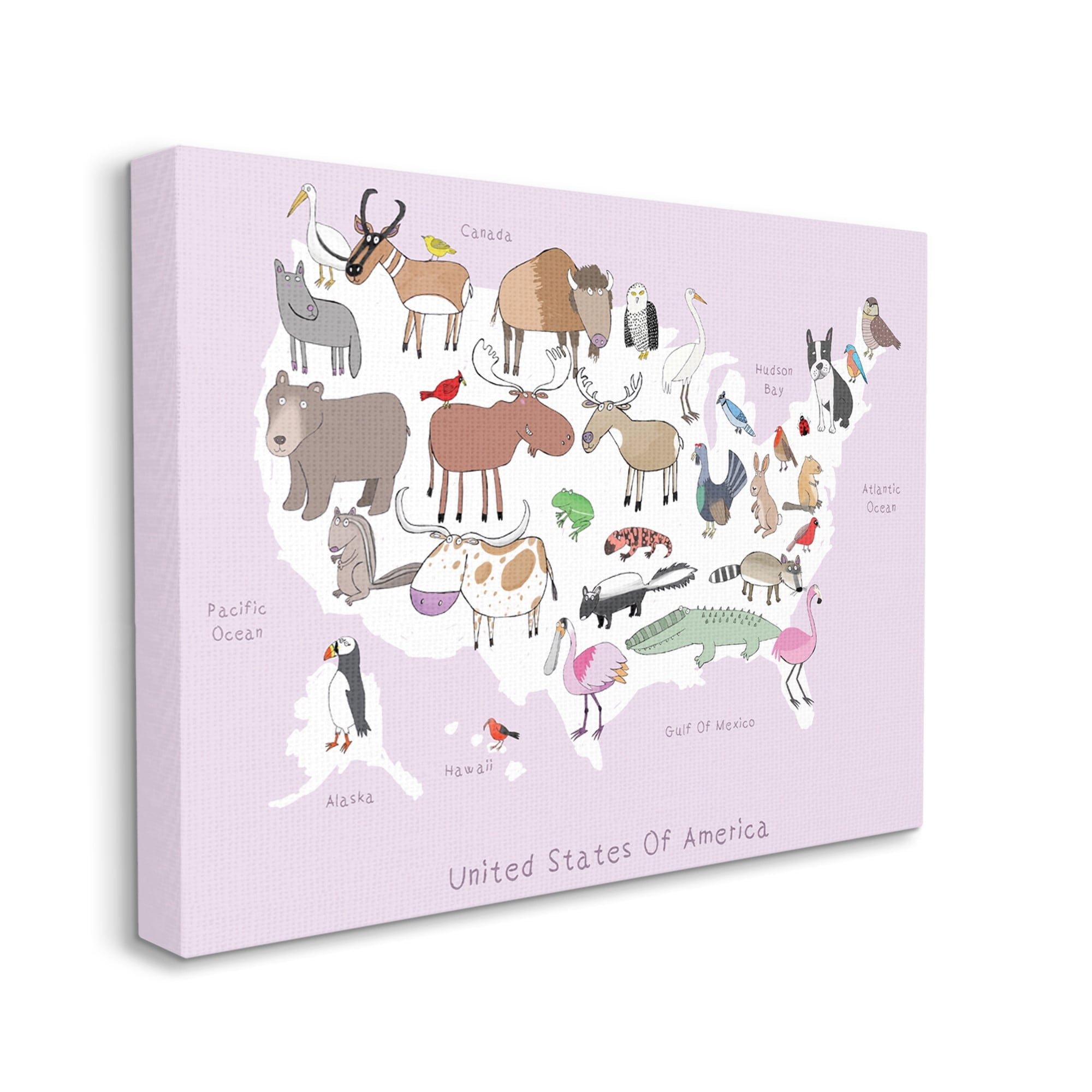 Stupell Industries Pink United States Map of Wild Animals,16 x 20,Designed by Carla Daly
