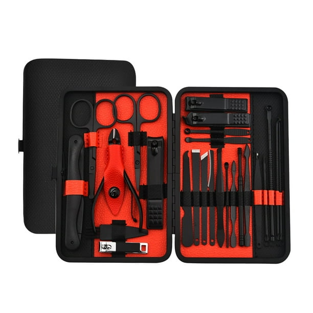 Kit de herramientas para manicura y pedicura 25 en 1 de acero inoxidable, cortaúñas y kit de cuidado personal con estuche de viaje de cuero negro.