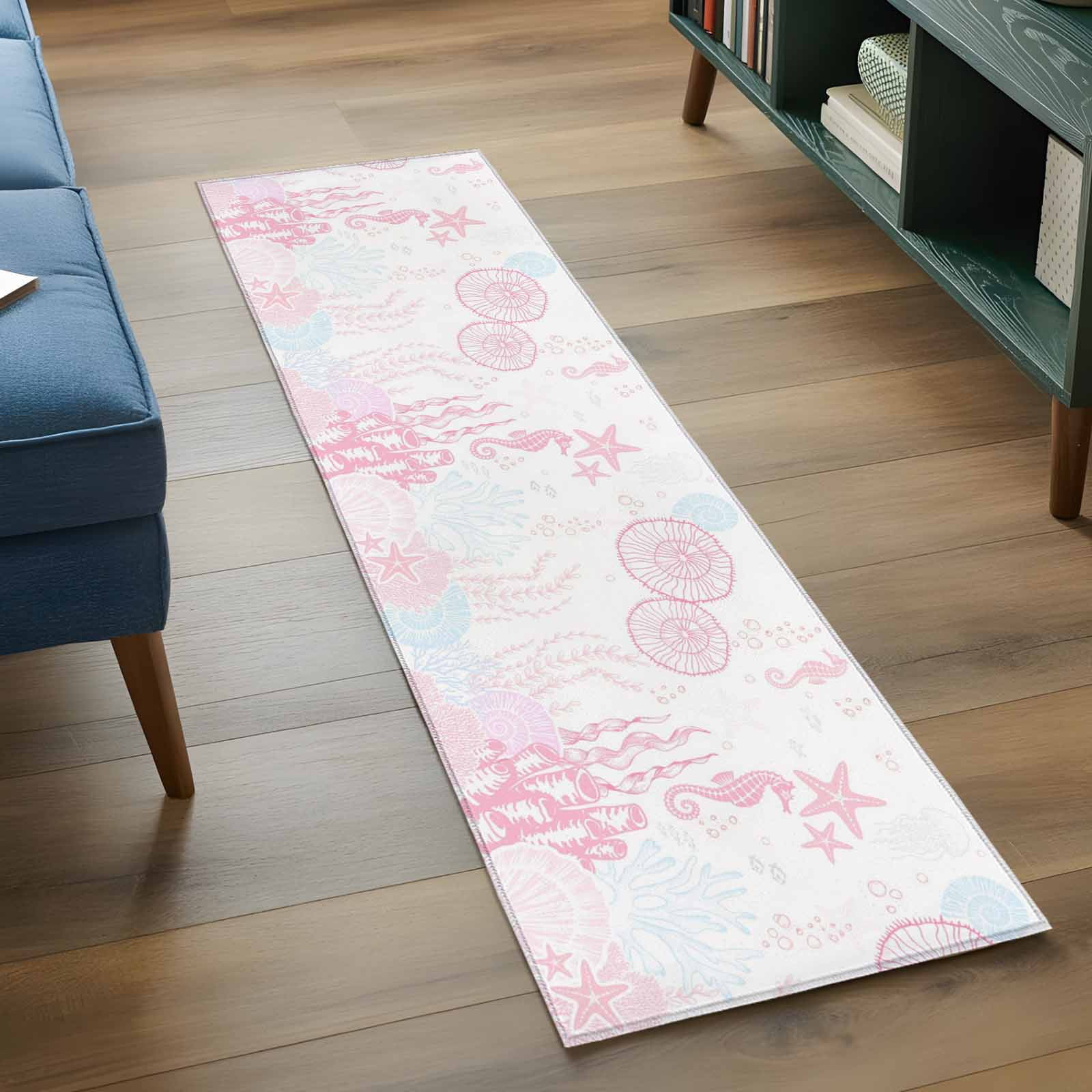 Kitchen Runner 2 x 6 Ft, Coastal Pink Non-Slip Residential Carpet, Ocean Coral Starfish Jellyfish Seahorse Indoor Crawling Mats Runner Rugs for Living Room/Dining Room/Bedroom