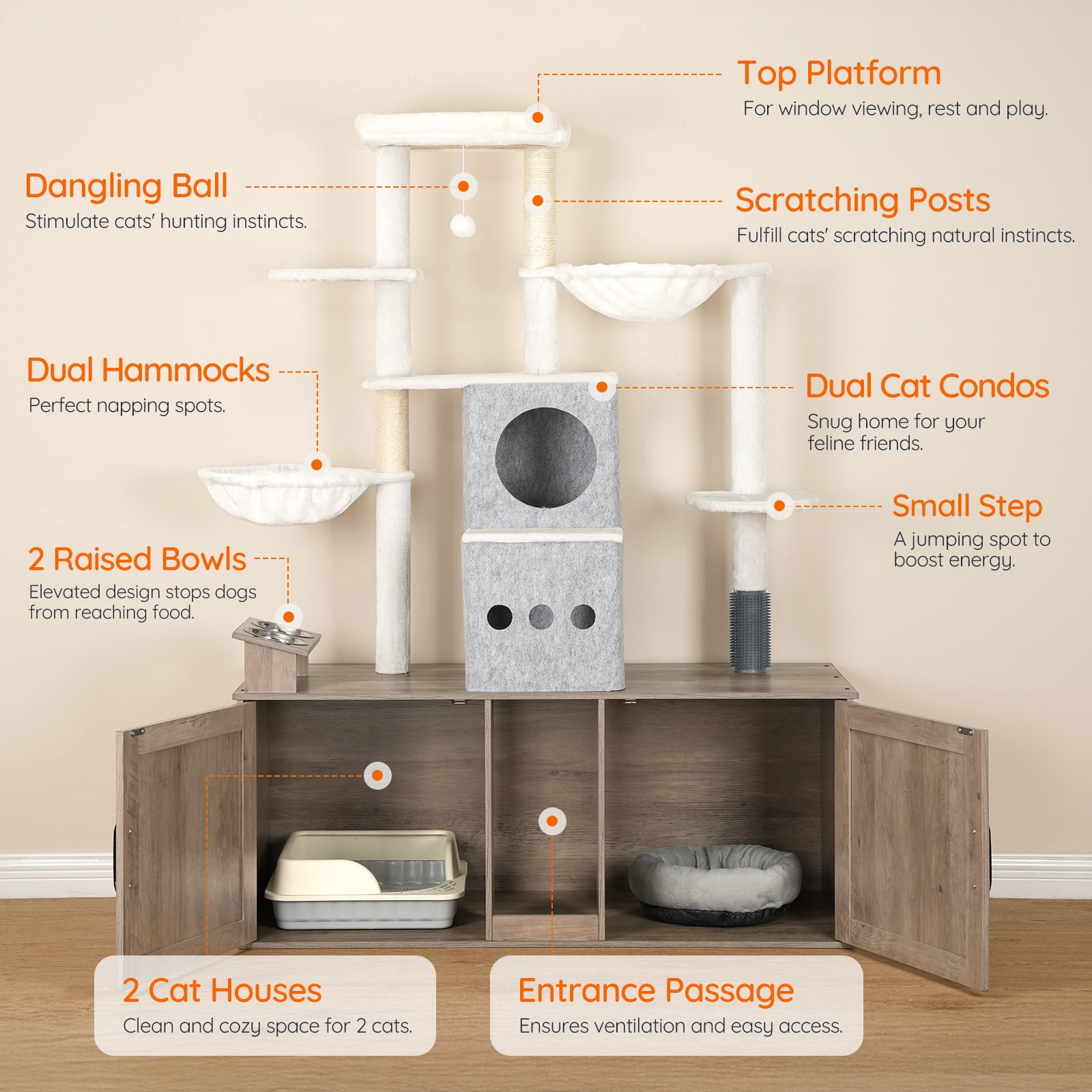 HOOBRO Cat Tree with Dual Litter Box Enclosure, Feeding Bowls, Scratching Posts & Hammocks, Greige