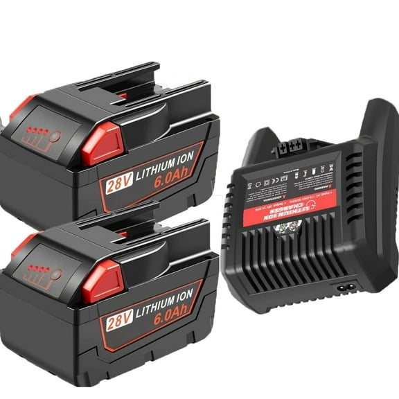 2Pack 6.0Ah 28V Battery and Charger Replacement for Milwaukee 28V Power Tools Battery 0719-20 0719-22 0779-20 22 0928-29 0726-20 Cordless Tool Combo Kit with 4 LED Charging Indicator