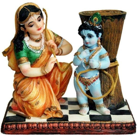 Hand Crafted Maa Yashoda Binding Baby Krishna-Hindu God and Goddess Idol/Statue/Murti/Figurine(5.5")-Polyster Resin-Multicolour