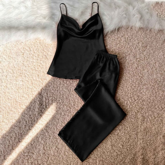 Abomasnow Women Satin Pajamas Set Silk 2 Pieces Sleeveless Pjs Set Soft Camisole Tops and Long Pants with Pockets