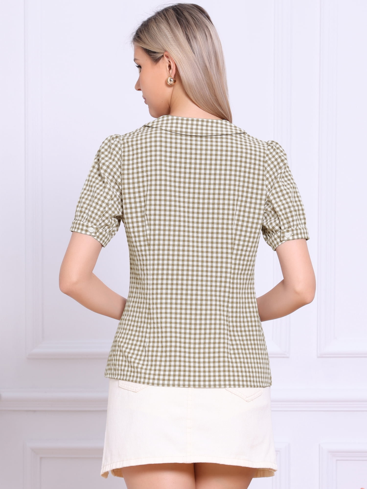 DARING DIVA Women's Peter Pan Collar Plaid Shirt Puff Short Sleeve Blouse M Light Brown