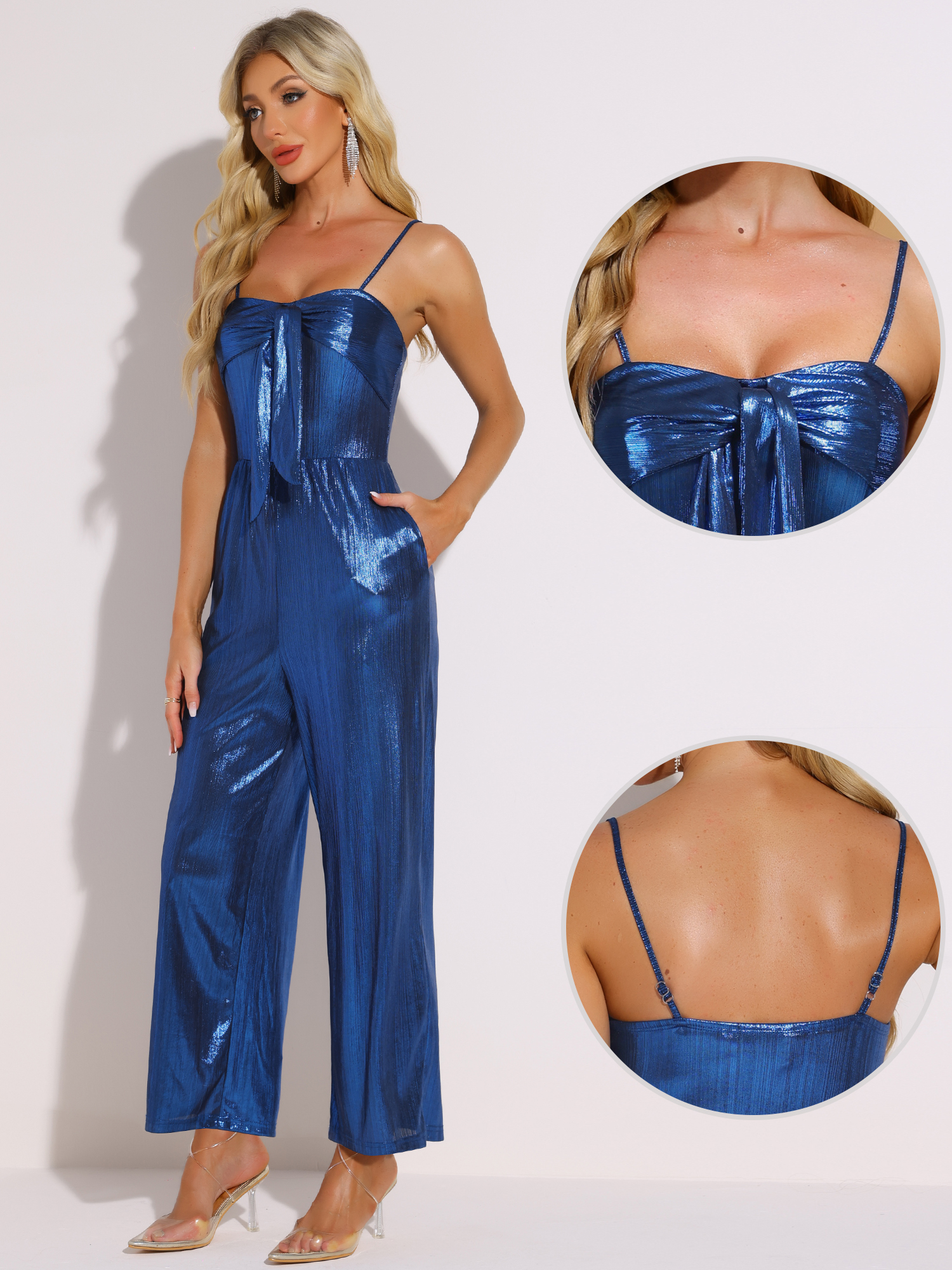 DARING DIVA Women's Glitter V Neck Sleeveless Spaghetti Strap Jumpsuit L Blue