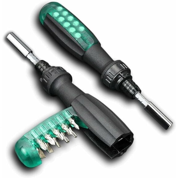 10-in-1 Ratchet Screwdriver with Magnetic Tip, Small Pocket, Green, 1 Piece