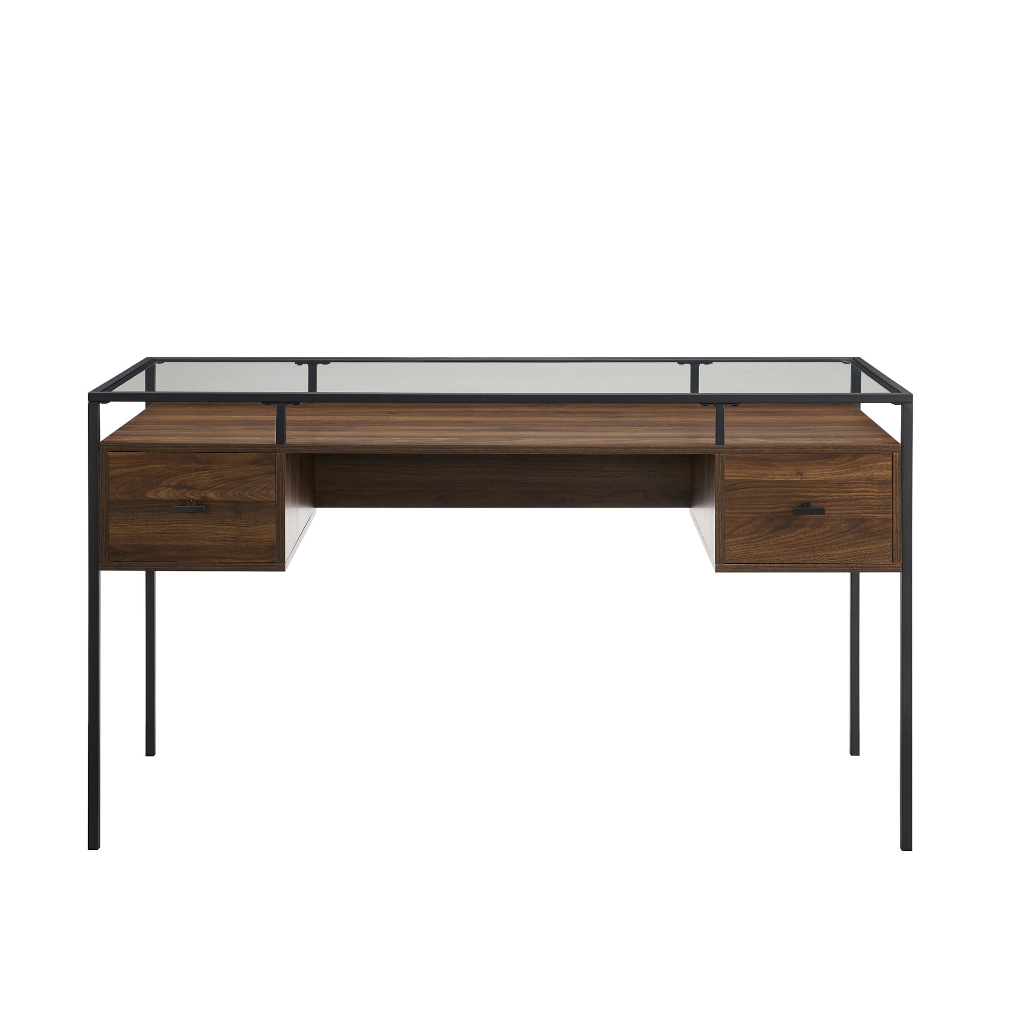 Walker Edison Carlisle Dark Walnut 2-Drawer Glass Top Writing Desk