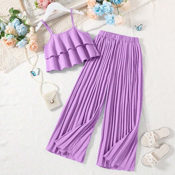 LPKRT Girls 2 Piece Matching Clothing Set Ruffle Crop Tops With Ruched Wide Leg Pants Summer Fashionable Lightweight Outfits Sets Purple 7-8 Years