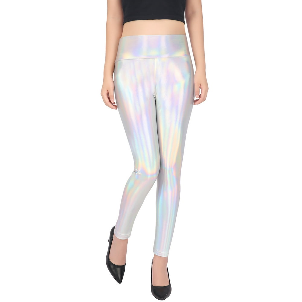 HDE HDE Women's Shiny Holographic Leggings Liquid Metallic Pants