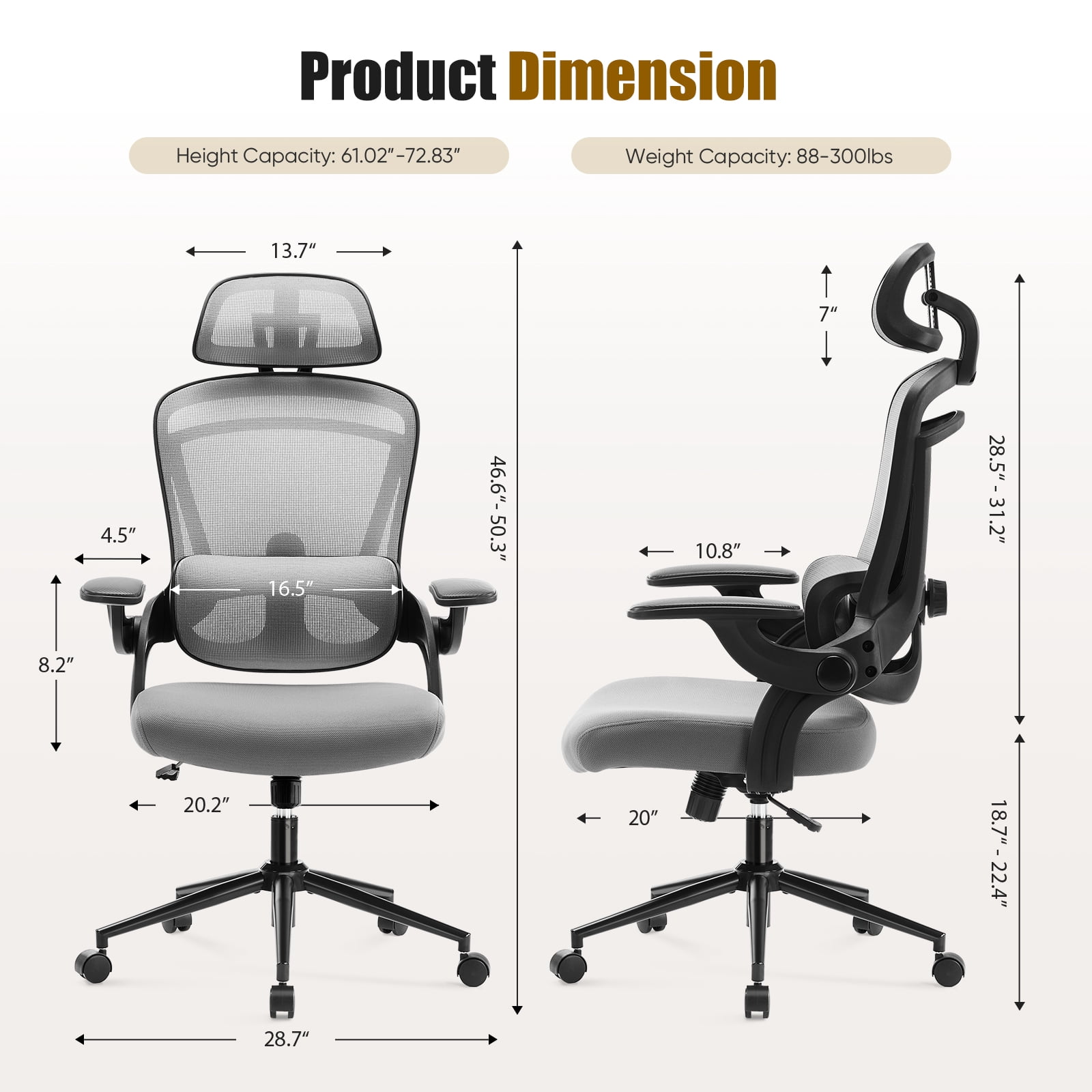 GIANNA Ergonomic Mesh Office Chair, High Back Desk Chair with Adjustable Lumbar Support, Headrest & Armrests, Swivel Task Chair, Grey