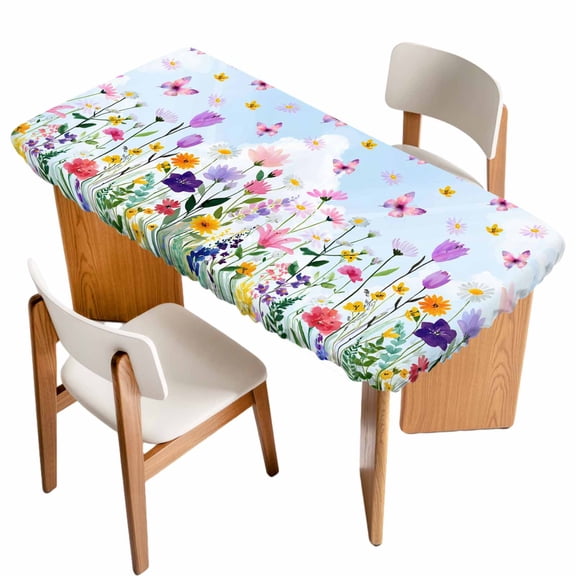 Spring Floral Table Cloths for 6 Foot Rectangle Tables, Butterflies Botanical Blue Ombre Patio Waterproof Elastic Fitted Tablecloths, Washable Rectangular Table Cover for Camping