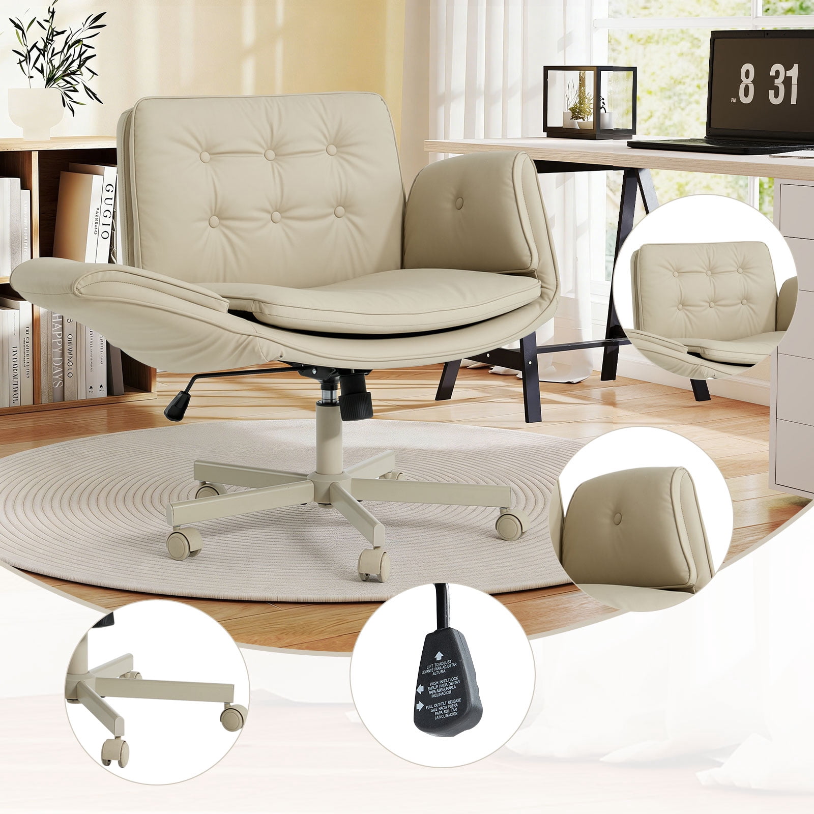 Ebello Oversized Vanity Chair with Foldable Arms, Criss Cross Design Big & Tall Desk Chair - 300 lbs Capacity, Swivel Computer Chair with Wheels for Office, Cream