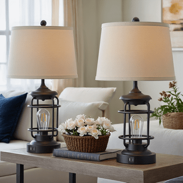 22'' Modern Farmhouse Table Lamps Set Of 2 with USB Port(4 Bulbs Included)