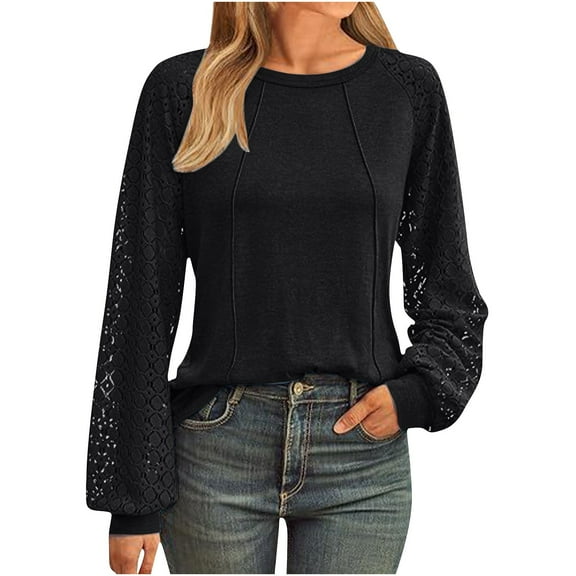 Comfort Colors Tshirt For Women Lace Sleeve Cover Line Solid Color Casual Round Neck Black Business Casual Dressy Blouses S-2XL