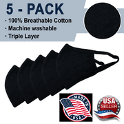 New Black Washable Reusable Face Mask (In Stock) - Triple Layer - 5 Pack, Ships From USA
