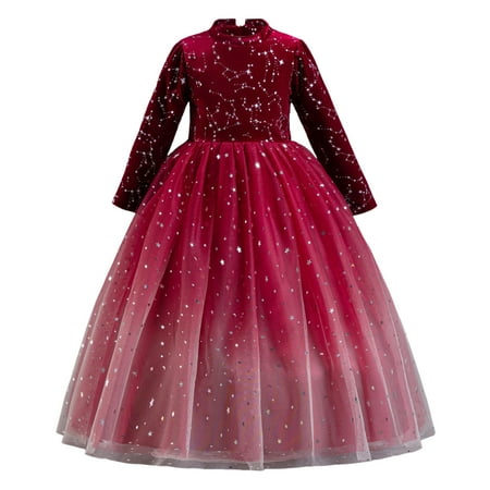 

Icvfdpl Girl s Dress Crew Neck A-Line Long Sleeve Printing Comfort Waist Winter Party Princess Gradient equins Long Fashion Tulle Holiday Party Dresses