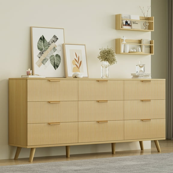 Lumiinofami 9 Drawer Dresser for Bedroom, Boho Fluted Wooden Chest of 9 Drawers Storage Cabinet for Living Room, Oak