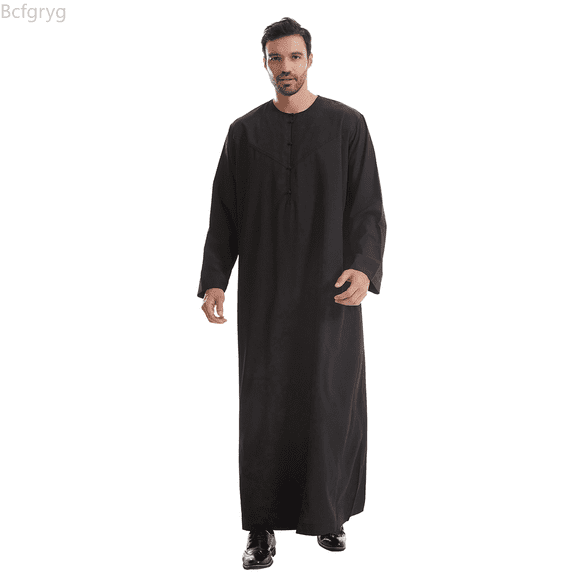 Bcfgryg Male Solid Color Long Sleeve Robe Arabic Clothes Middle Skirt Robe Big and Tall Shirts Black L