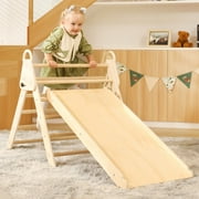 KIDHABE Foldable Pikler Triangle Set with Slide & Ramp, Toddler Montessori Climbing Set for Indoor & Outdoor Playground, Kid's Wooden Climbing Gym